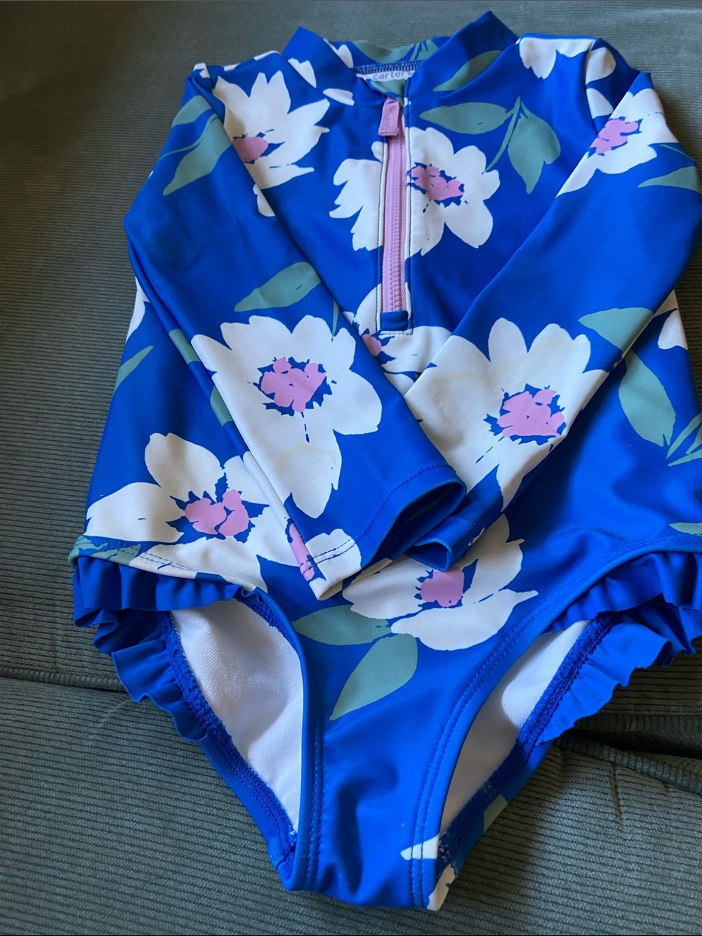 Girls' Blue Floral Long-Sleeve Rash Guard Swimsuit